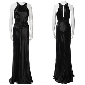 Vera Wang Black Satin Sleeveless Sequin Neck Keyhole Back Evening Maxi Gown 8